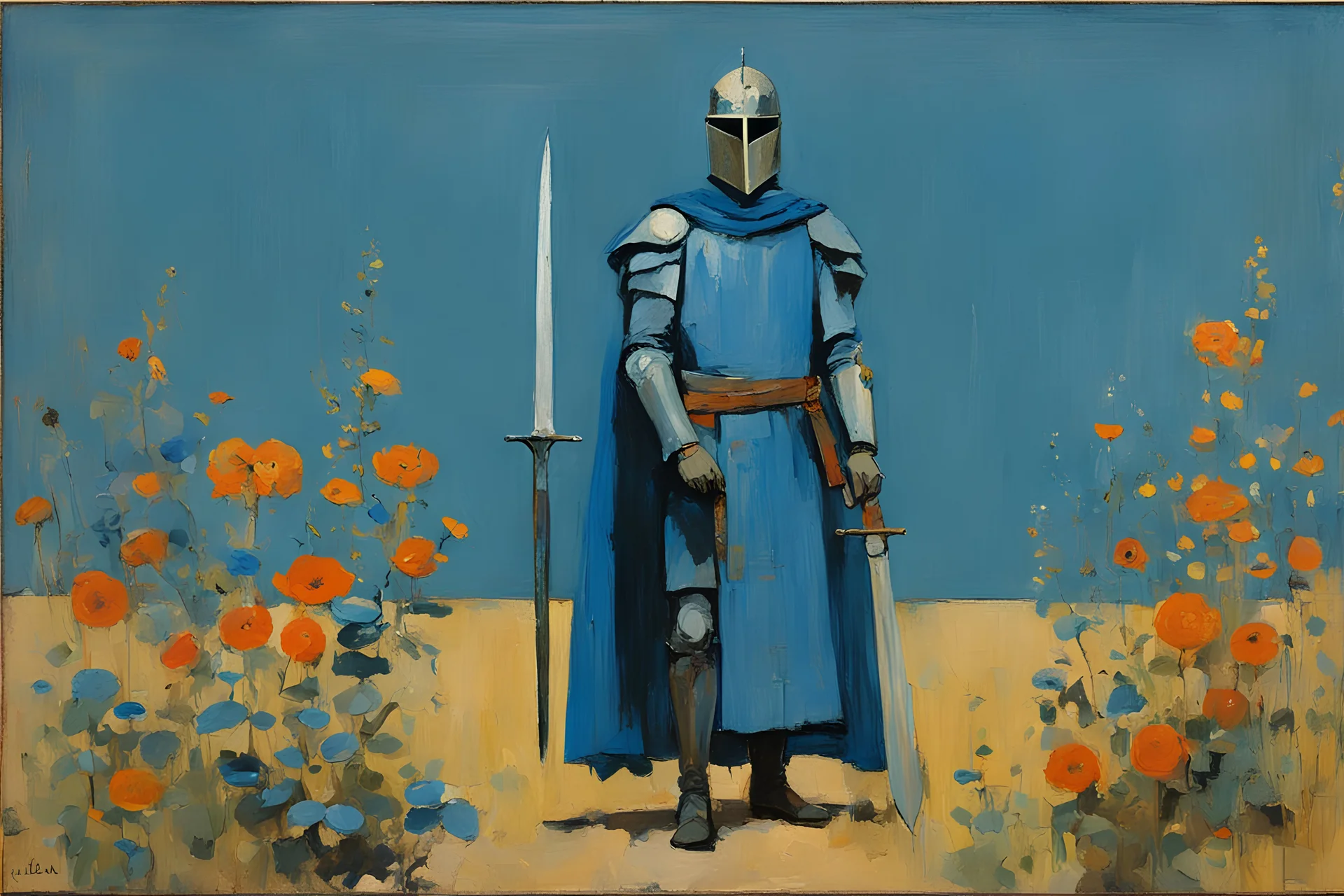 Euan Uglow oil painting, Otherworldly, 1970s dark fantasy paper book cover. the knight of blue and flowers standing with his weapon posing for painting