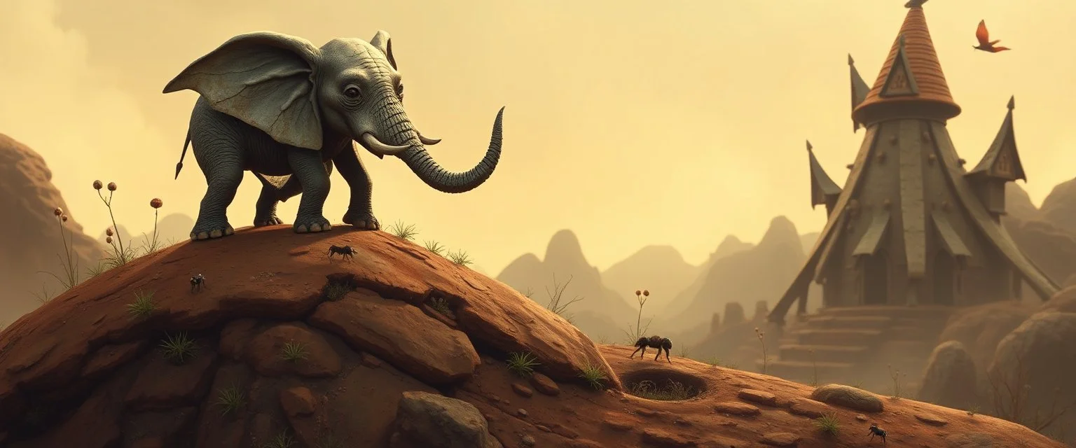 elephant ant hill with a weird funny hobgoblin gnome