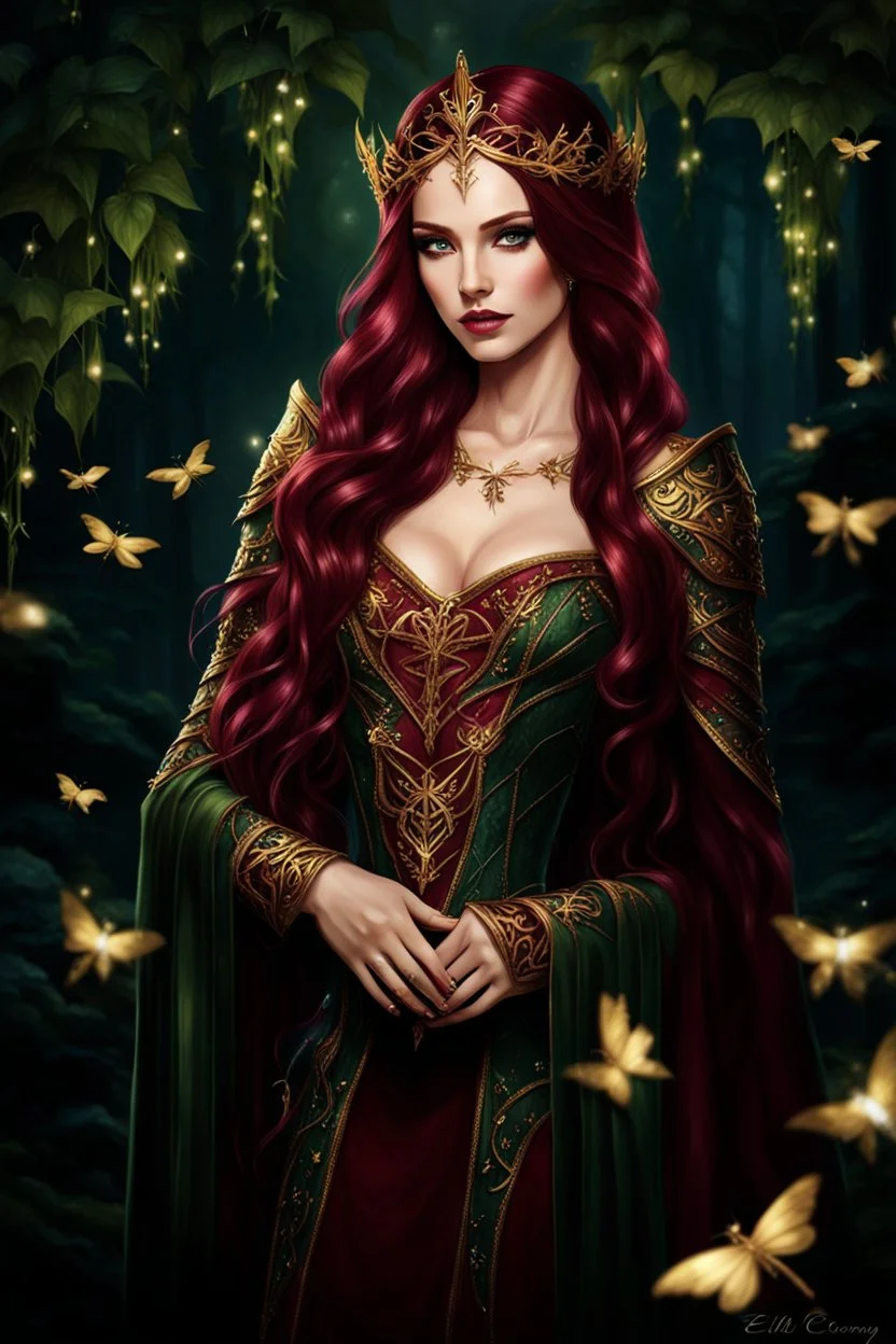 Burgundy hair, dark hair,dark red , rapunzel hair,very long hair,dark fairy princess,elven crown,night,dragonflies,beautiful,ong ashes,golden armor ,sparkle,night blooming,ivy,dark green,lilly of valley,golden elven crown,elven warrior,dark gold armor,extremely long hair