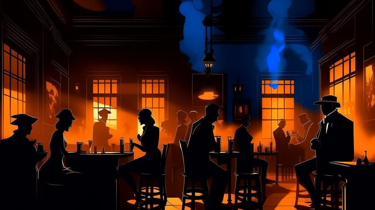 Silhouettes against glowing amber lights in the depths of a cozy jazz club. Fluffy wisps of smoke dance upward in the beams of light, creating an ethereal atmosphere. The warm glow of vintage light fixtures illuminates the space, while deep blue shadows add mystery to the scene.