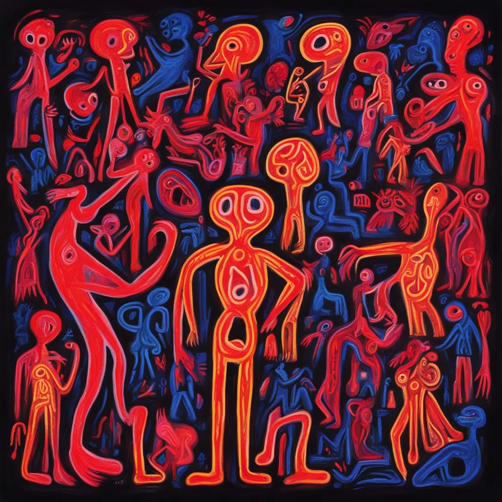 Neon legacy of nyctophobia, by A. R. Penck, mind-bending illustration; asymmetric, warm colors, dark background