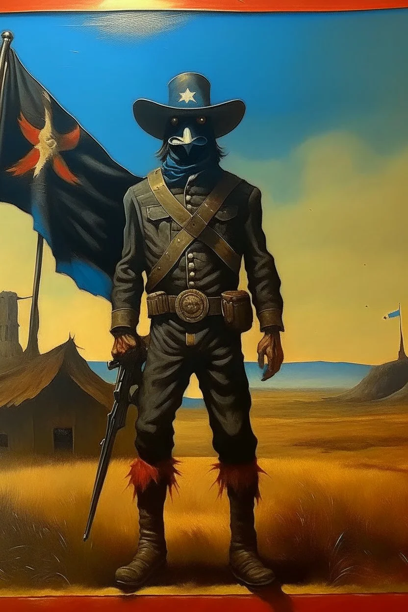 1970's dark fantasy cover dnd style oil painting of a chicken cowboy at the country from uruguay with the flag of uruguay with minimalist far perspective.