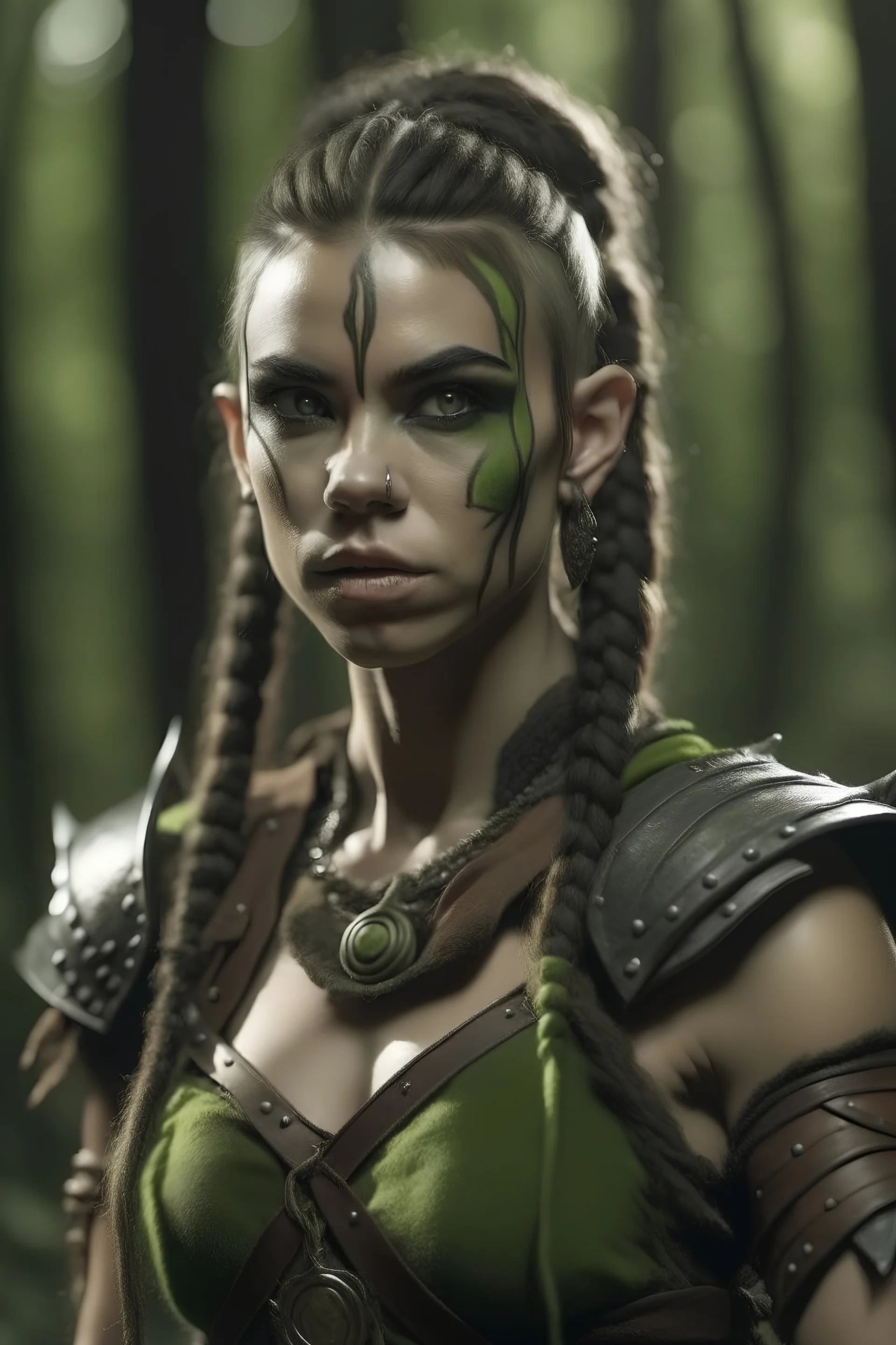 portrait of a beautiful young female orc barbarian. proud. braided hair. green eyes. orc teeth. carrying a Magnificent two-handed sword. Daylight. Forest in the background. High resolution. 4K. 8K. Fantasy style.