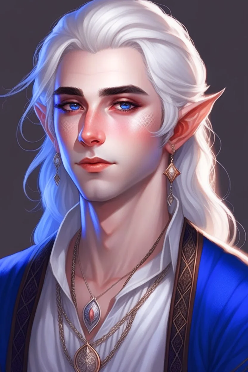 a romantic half-elf young man with long pointy ears and blue eyes, wears lots of jewelry, white hair