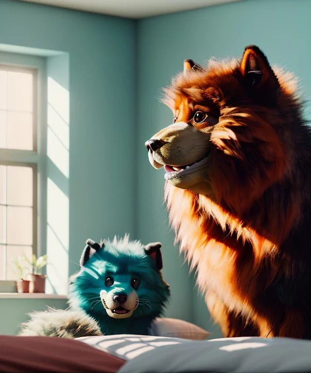 Realistic bedroom scene. big furry monster sitting next to human girl from behind. Wes Anderson style. Red hair, smile, happy, gradient color fog. highly detailed, concept art, unreal engine 5, ray tracing, RTX, lumen lighting, ultra detail, volumetric lighting, 3d, finely drawn, high definition, high resolution.