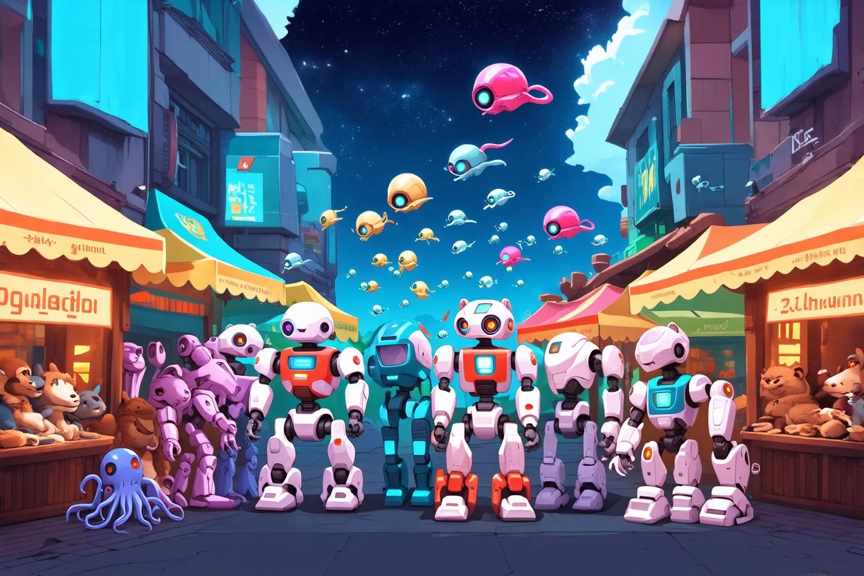 Intergalactic city market with furry robots, and squid swarms.