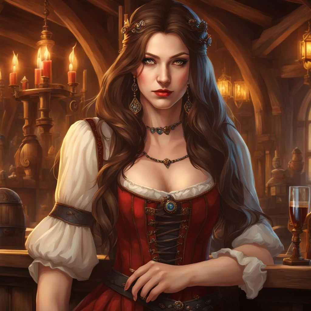 An arrogant looking young woman with pale skin and long brown hair in a fantasy tavern setting with intricate details. She is smirking, a tavern wench, has red eyes, an air of malevolent power surrounds her. High definition.