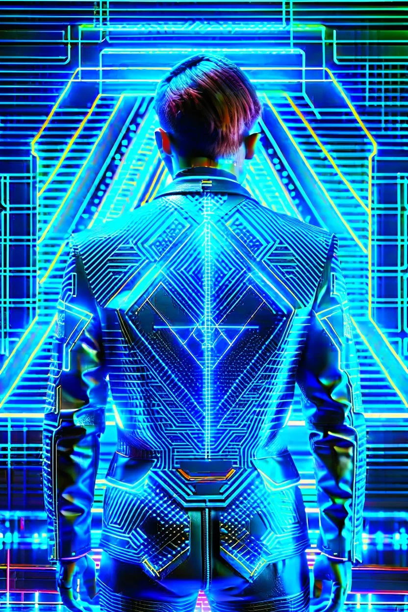 cyberpunk, neon blue, triangle of light behind the back, cyber suit, geometric patterns on a suit, male