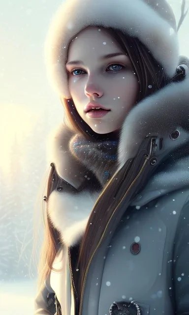 girl, cute, beautiful, by Greg Rutkowski, winter clothes, sitting in the snow