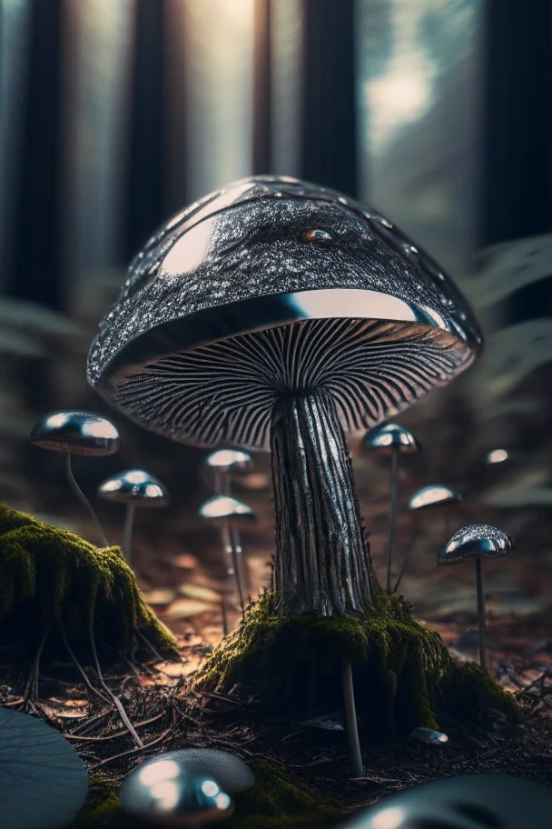 chrome mushroom in prehistorical forest, 4 k, trending art, depth of field, high detail, high contrast