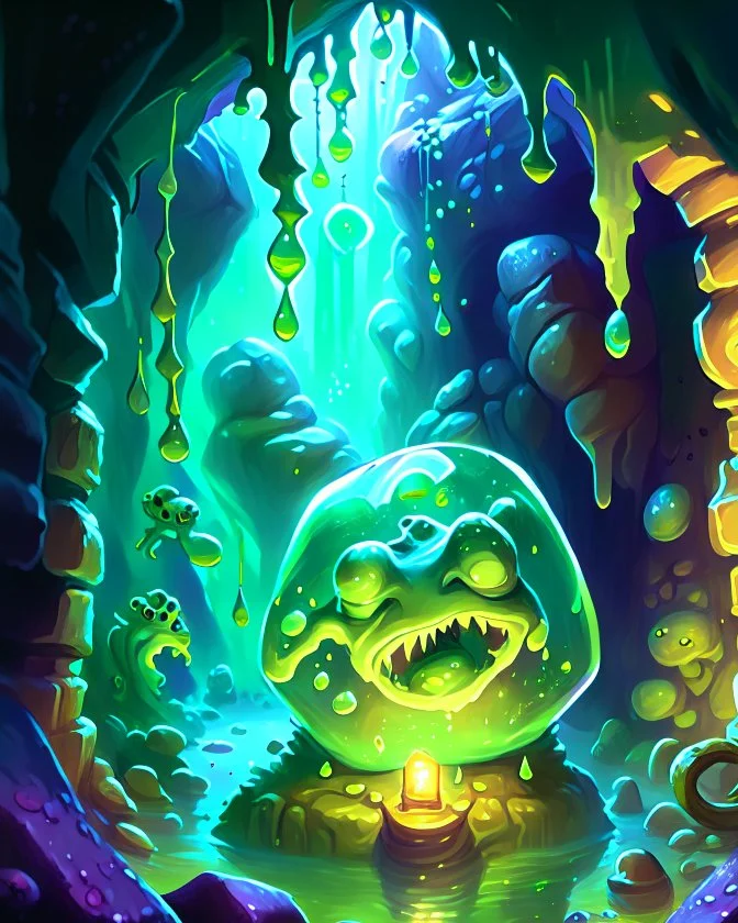 a slimy dripping gelatinous cube in vast dungeon cave room with treasure rpg art painterly