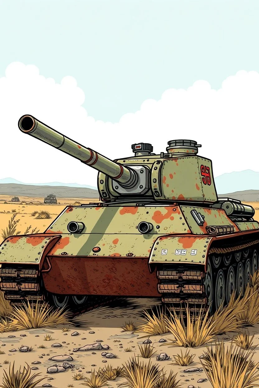 drawn of a rusty tank in a 70's illustration style with tin tin out of it
