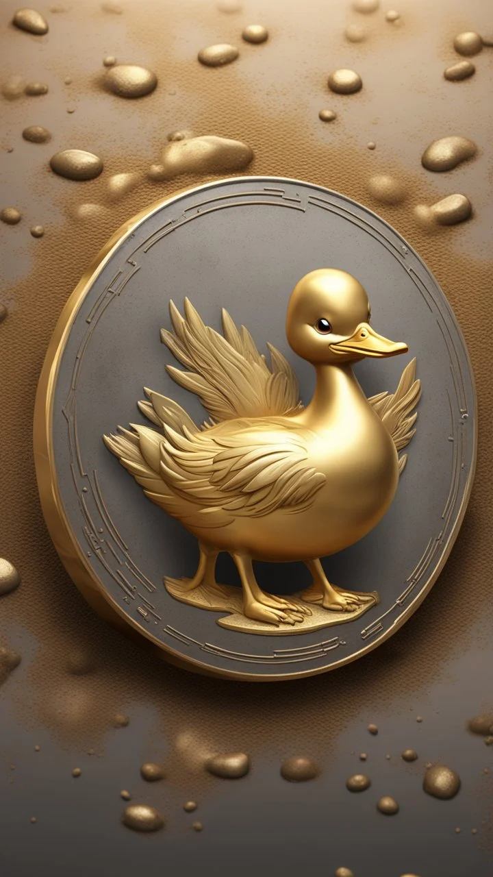 a smooth 3d game graphics circular shaped golden duck coin with a full body relief in misty mud