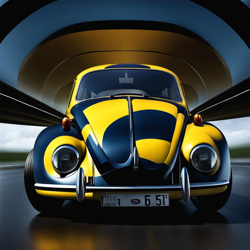 a high definition screen shot of a jet-fighter vw-beetle, retrofuturistic, phototrealism, in flight, one subject, should have wings with atleast one exposed jet on each wint or one coming throught thr front and center of the vehicle.