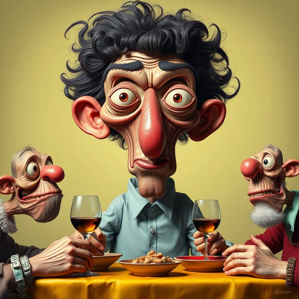The oddest coagulation and mixture of friends, glossy finish, dine, details very accentuated, stunning style, oniric, Max Ernst, hyperphotography, kiuy, blatant, gross, caricature, very funny, distorted, fabulous