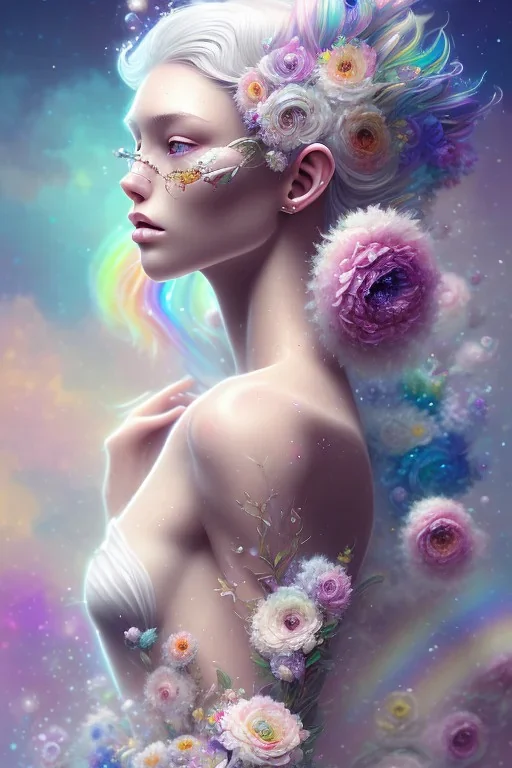 a woman, side profile, closed eyes, white hair, pastell colors, watercolor splash, white dress, rainbow flowers, in the style of Camilla d'Errico, hyper detailed, beautiful, complex, trending on artstation, cryengine, national geographic photo, chiaroscuro