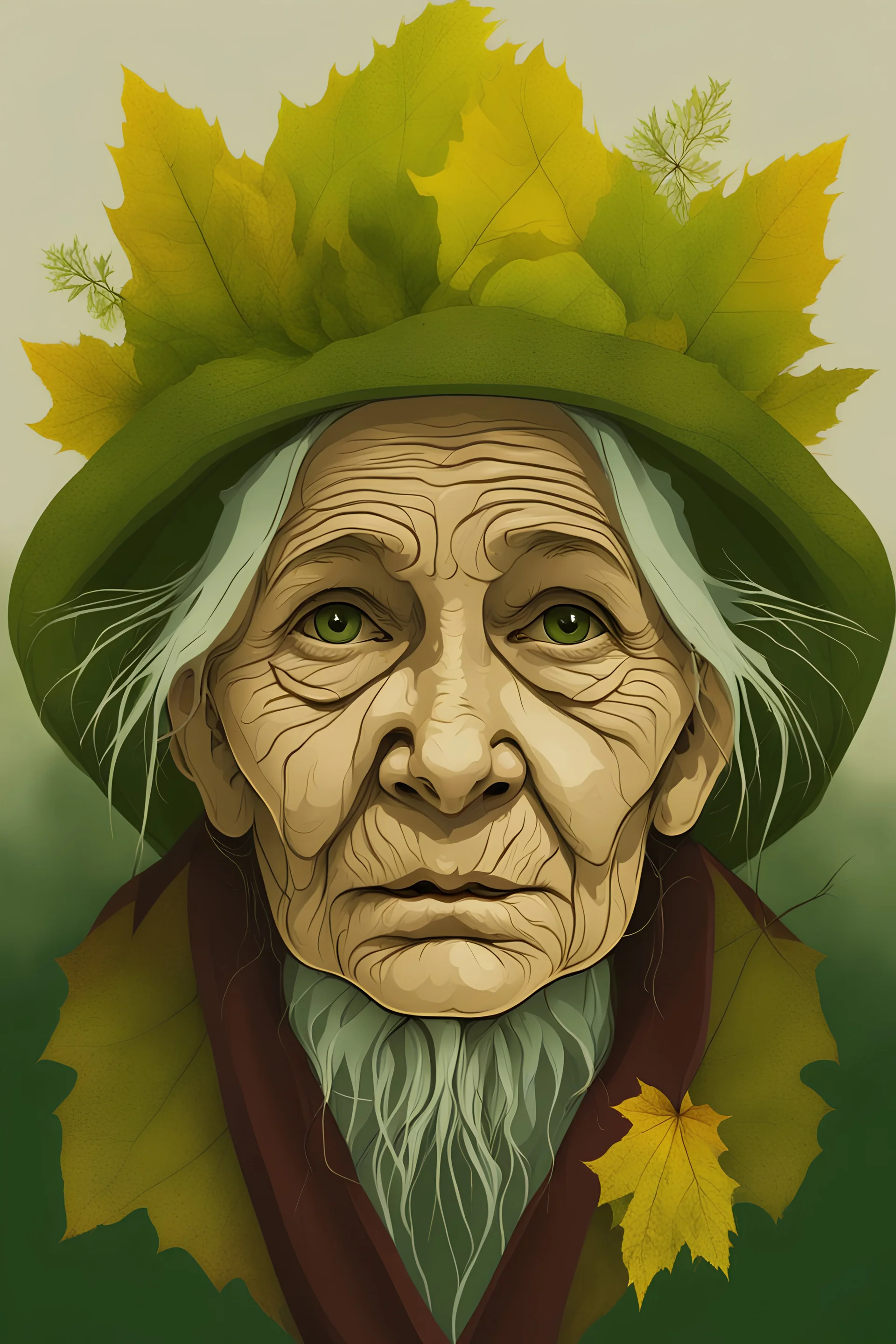 planet earth as an old woman. front facing. the face has the texture of roots. leaves, cobwebs. very smooth colors, forest green and yellow. bordeaux. fog, mist