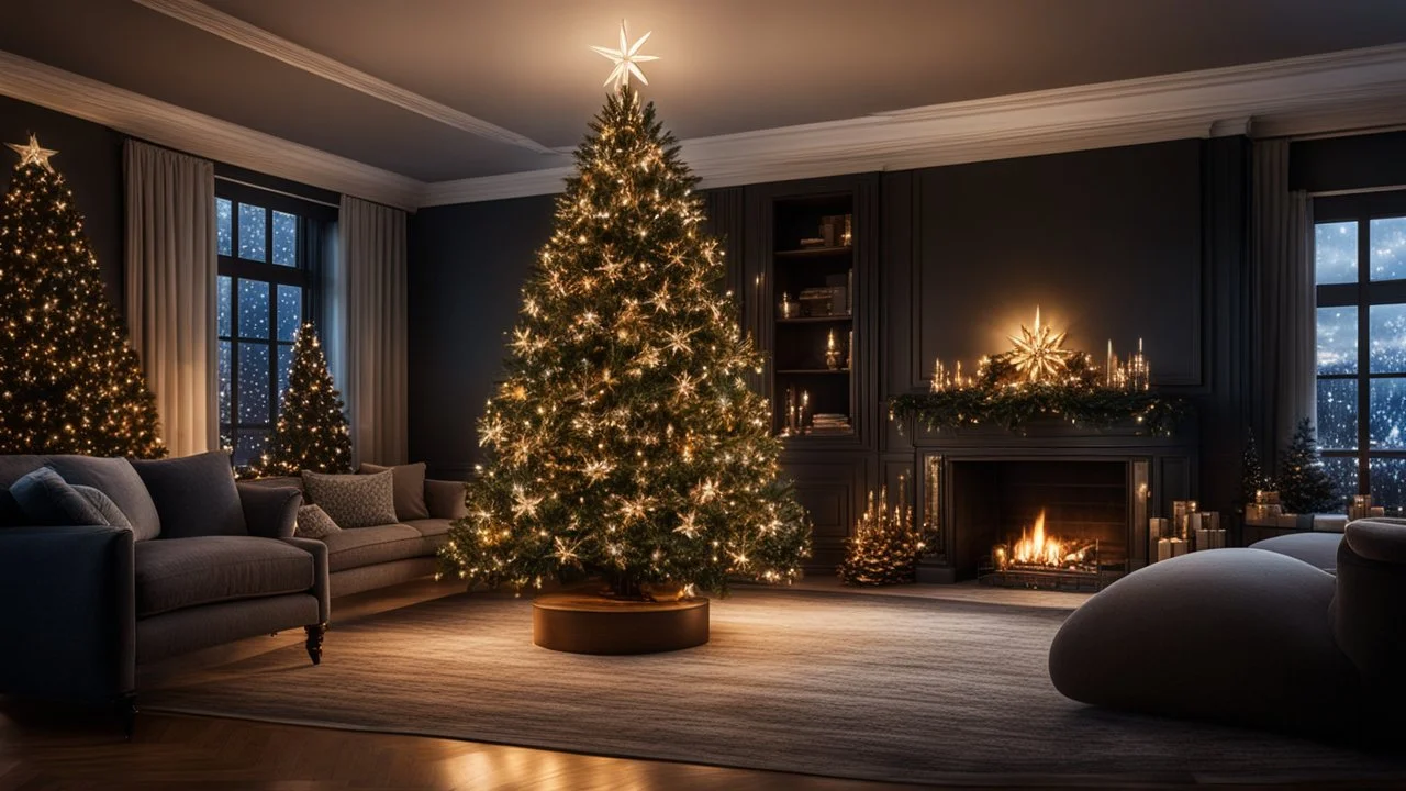 darkness,photoreal A majestic Christmas tree in the living room , adorned with twinkling lights, in the living room,next to the fireplace,christmas decoration,lights off,cozy,calm,high-quality photograph,otherworldly creature, in the style of fantasy movies, photorealistic, shot on Hasselblad h6d-400c, zeiss prime lens, bokeh like f/0.8, tilt-shift lens 8k, high detail, smooth render, unreal engine 5, cinema 4d, HDR, dust effect, vivid colors,night