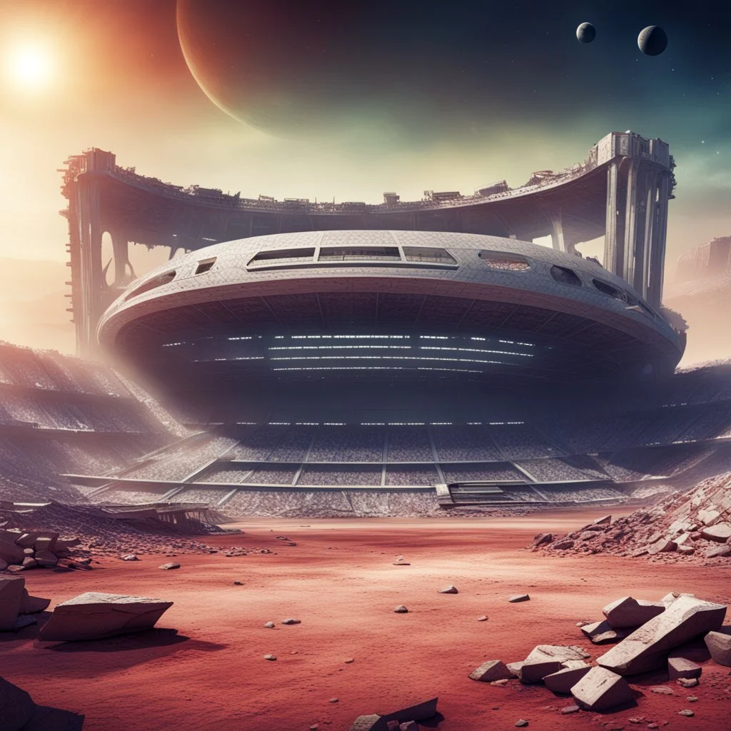 The ruins of an NFL Stadium on a distant planet