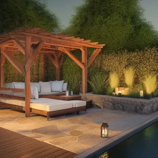 a gorgeous, stunning garden deck with wood walls and rustic floor, wicker furniture, tranquil pool surrounded by smooth stones, lit candles, plants, cozy, 8k resolution, high-quality, fine-detail, zen-like, cozy, digital art, detailed matte, volumetric lighting, illustration, 3D octane render, brian froud, howard lyon, selina french, annie stokes, lisa parker, greg rutowski