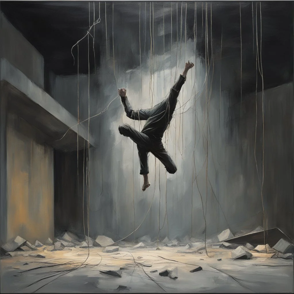 Minimal abstract oil painting of a falling person limbs sinew. Amongst concrete fragments brutalist architecture and hanging wires illuminated at night. In the style of Justin Mortimer and Phil Hale and Ashley Wood