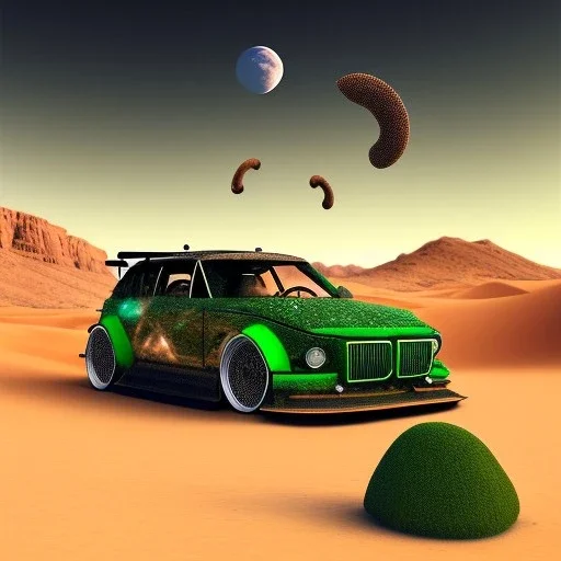 centered,scenery in desert, 6 wheels, green sky, worms, canyon