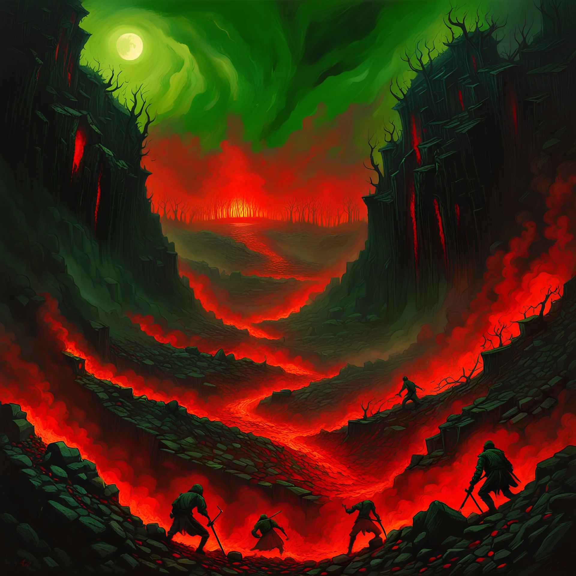 Souls trying to escape the rocky ground , torture, in the style of Beksinski, red and green, extremely detailed, dark, extreme horror, hell, inferno