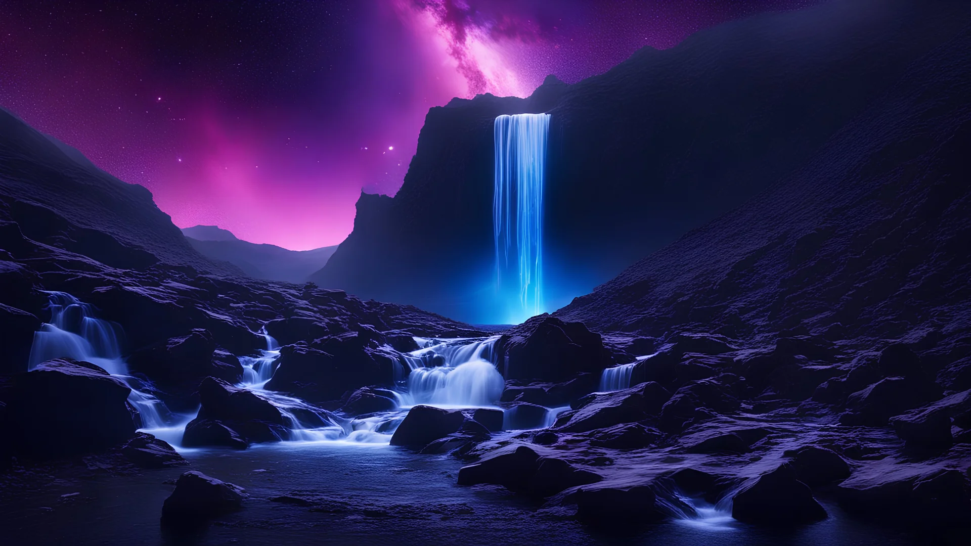 a waterfall flowing down obsidian and flickering with purple lightning with a sparkling blue and purple galaxy sky