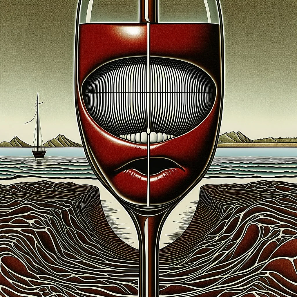 Straddle the line in discord and rhyme, Mouth is alive with juices like wine, neo surrealism, by igor morski, optical illusion.