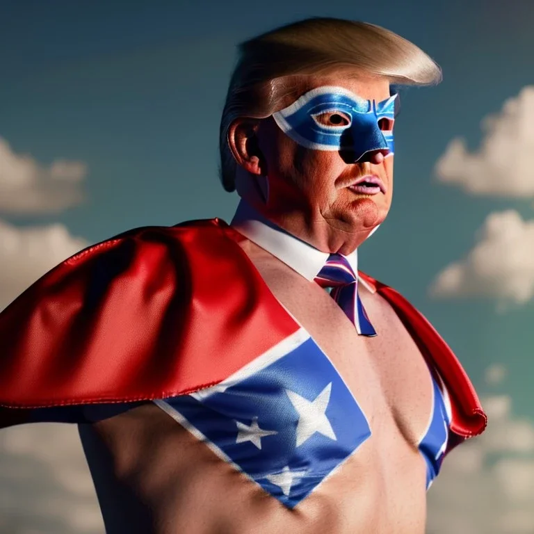 realistic image of donald trump as a mexican wrestling fighter posing outdoors, Mexican eyes wrestling mask, red and blue breeches with white stars, flag cape, retro style, 80s, vibrant color, highly detailed, sky background, concept art, unreal engine 5, god rays, ray tracing, RTX, lumen lighting, ultra detail, volumetric lighting, 3d, finely drawn, high definition, high resolution.