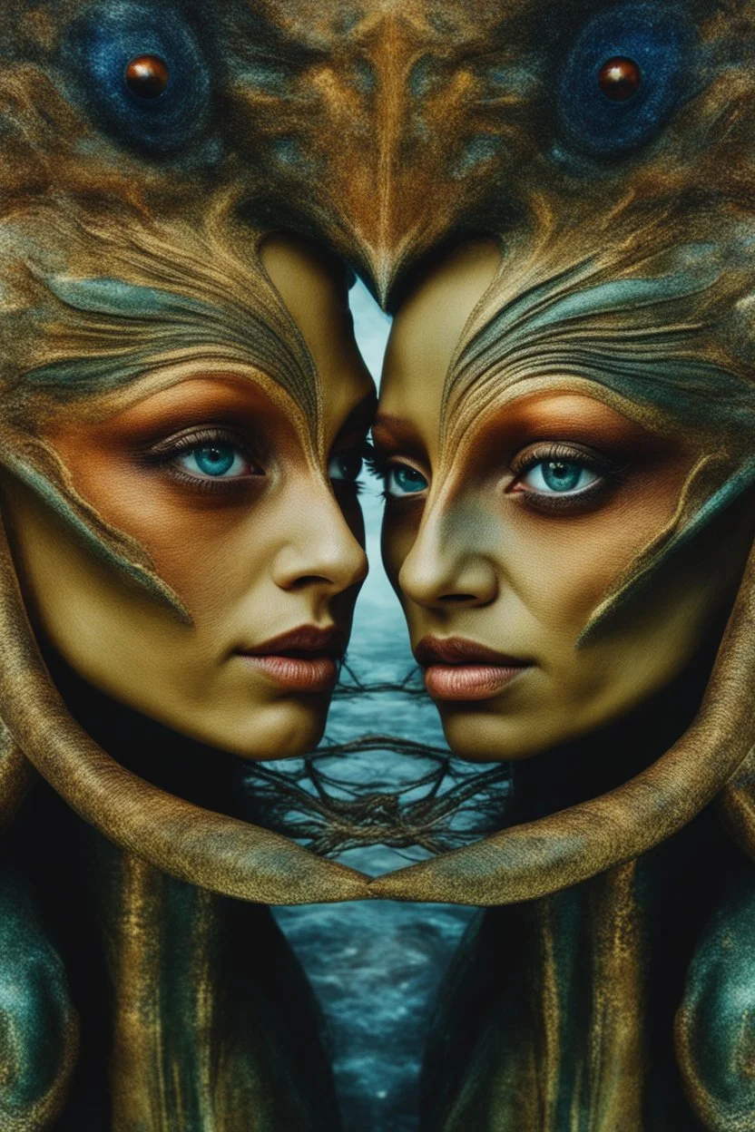 A surrealistic portrait of two alien lovers, their eyes locked in a passionate . HOF, full size, (((realism, realphoto, photography, portrait,beautiful, charming, professional photographer, captured with professional DSLR camera, 64k,