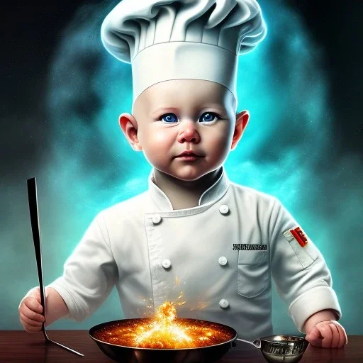 a happy human baby chef called tobias leander with no hair,halo, wings, drinking, sitting in chair, photo realistic spray painting, dark wood background, book cover illustration