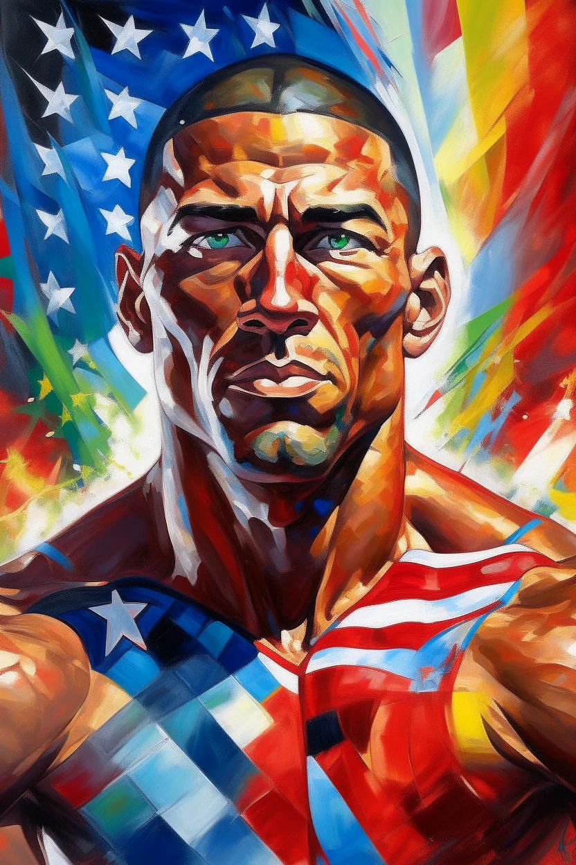an expressive painting of the Olympic flag and the American fwe might see a companion with features of absolute strength and determination, blended with warmth and deep faith. Perhaps his face expresses wisdom and courage, with eyes radiating confidence and faith.