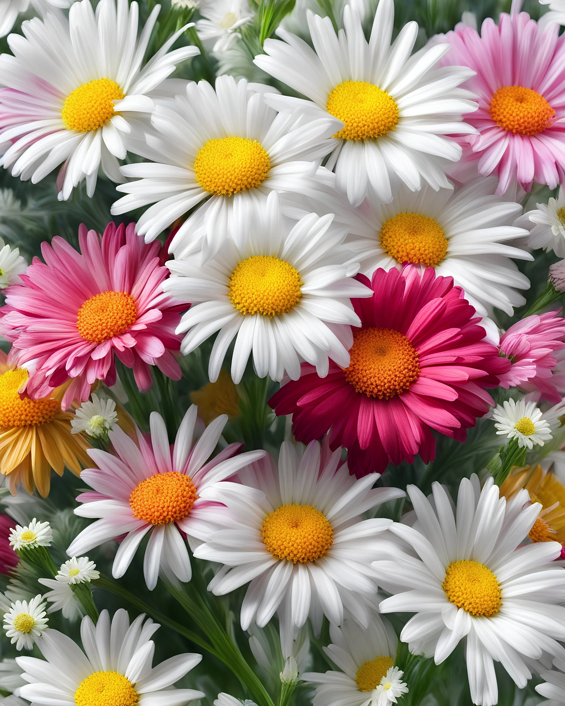 Bouquet chrysanthemum, daisy, and carnation light strokes on white background, realistic photo, 8K