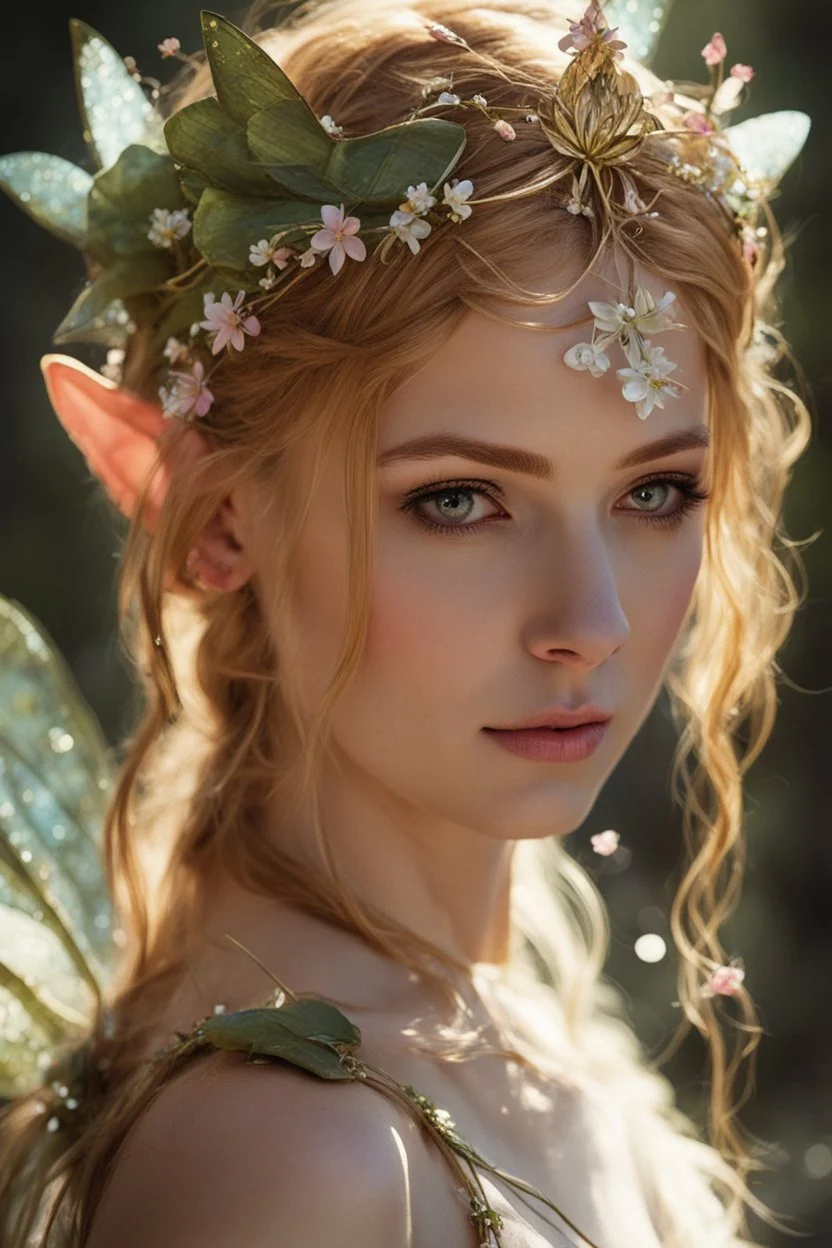 Pointed elven ears,Blonde hair ,Pink dress,Sparkling fairy wings,Very long golden hair,Fairy crown,pointed ears,elven ears,fairy wings,water lilies,sparkling,glittering,flowers,blossoms,golden crown,light pink dress