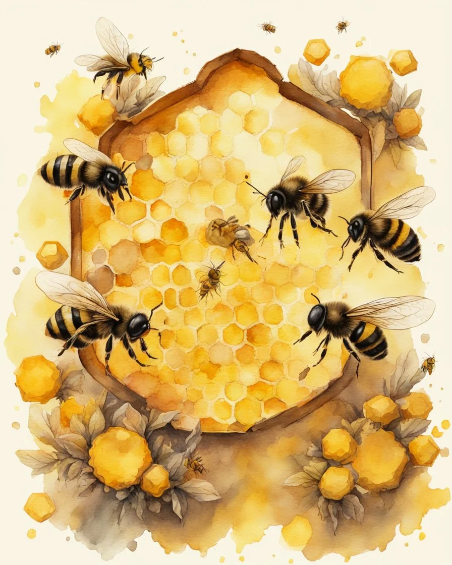 bees flutter over the hive from behind there is a honey yellow background and a honeycomb, watercolor drawing