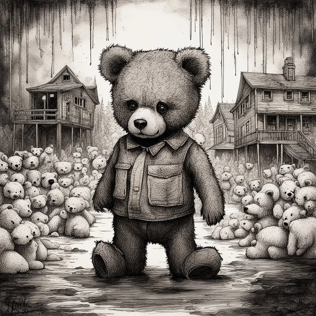 teddy bear dystopia, horror art, surreal, gritty ink illustration