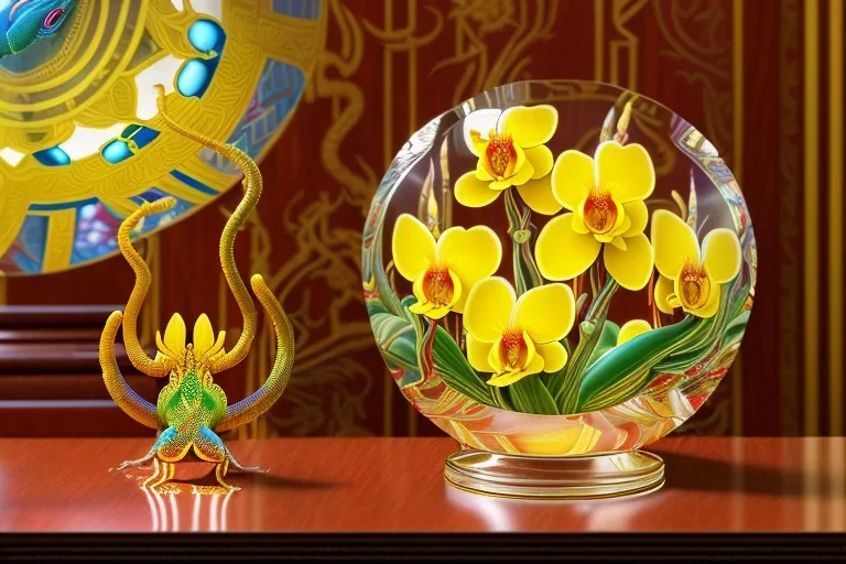 hypersigil photograph of a beautiful yellow and red orchid in a clear glass rococo inspired vase on a mirrored deco themed end table in a shadowy corner of a nouveau era room with wood paneling in the style of Robert maplethorpe, tropical birds, lizards, snakes, insects, gorgeous, shamanic, ethereal, photorealistic, embellishments, long shot, wide shot, dof, deep focus, 3d render