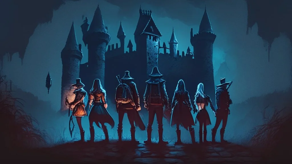 Adventurer party of four people, standing before a dark castle