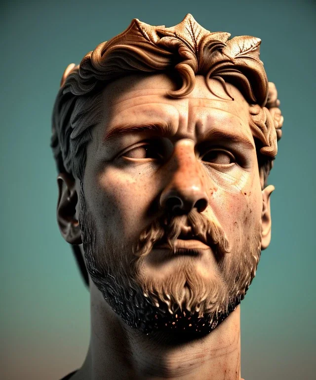 Ultra Realistic image, roman sculpture, marble deluxe material, Lionel Messi, gold Laurel leaves crown model, miguel angel style, chisel style, emperador, waist up portrait, cinematic lighting, God light, god rays, 4k resolution, smooth details, ornate details, soft lighting, unreal engine 5, soft cyan background.