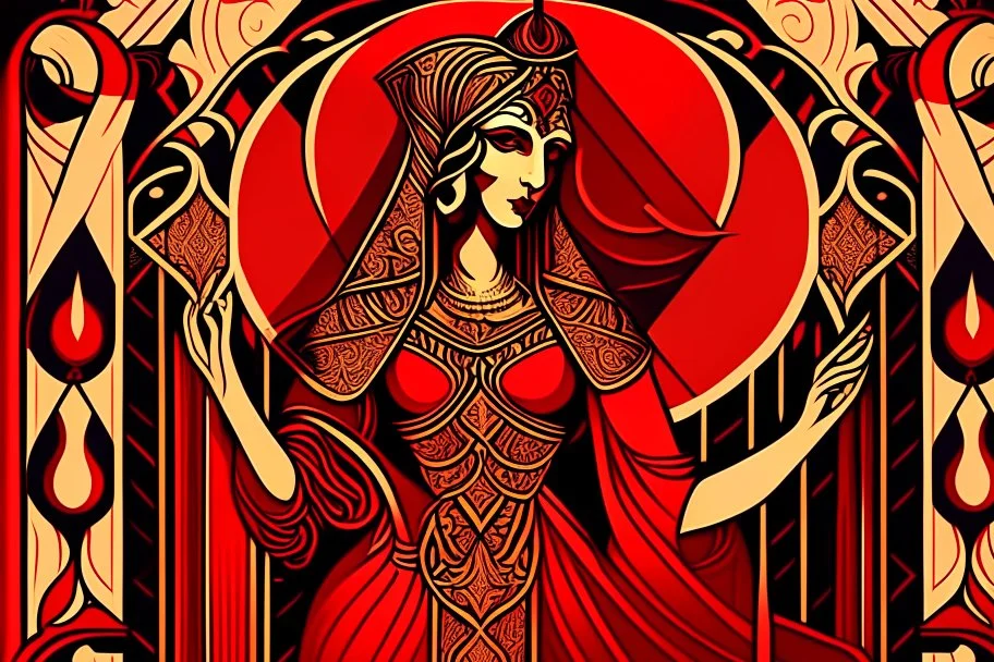 Stylized Arabian Nights aristocrat, In the style of Tarot and Art Deco, Red colours