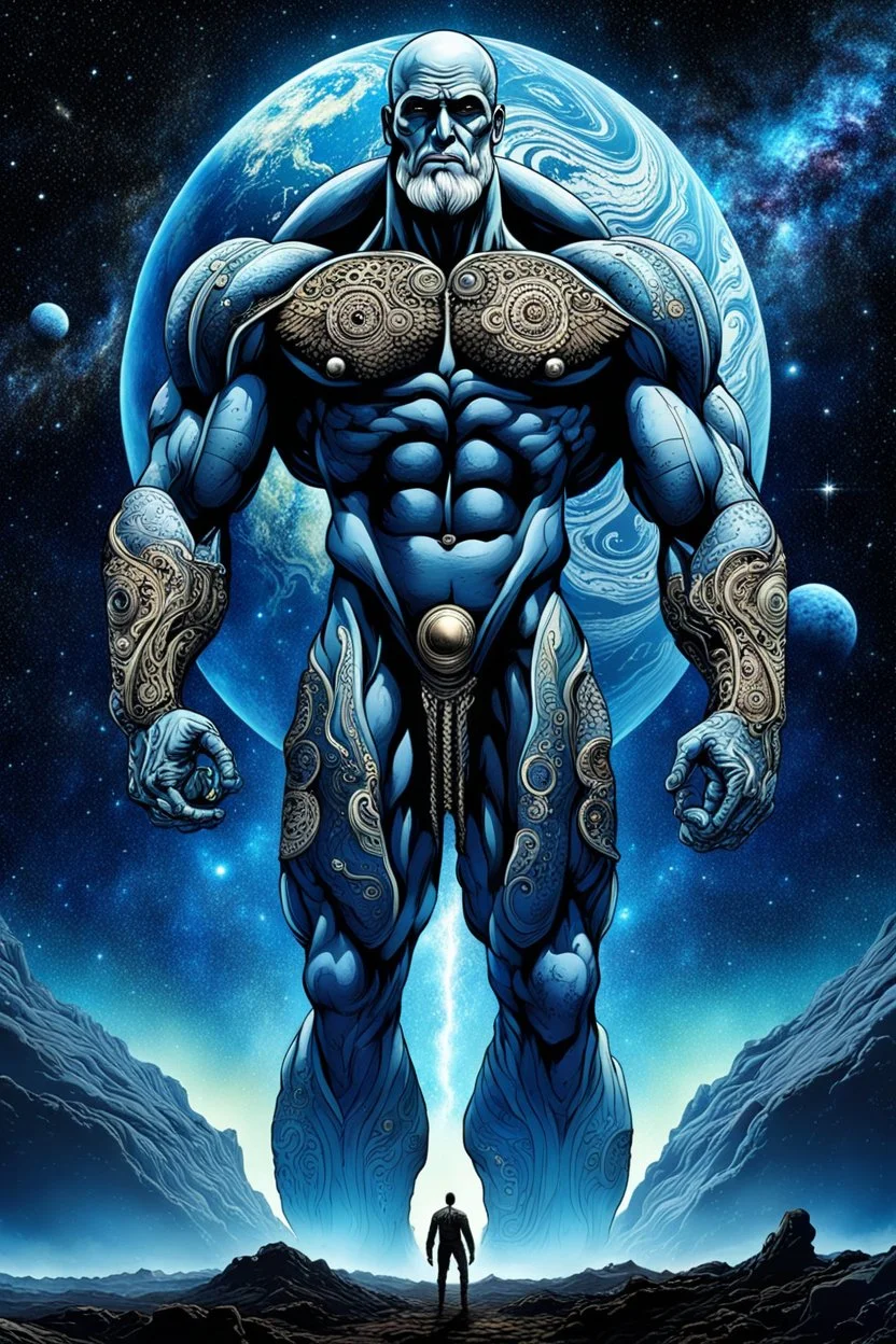 Very strong tall Titan holding the massive and beauty Earth on his back, background the deep blue sky with stars and nebula, ultra detailed, intricate details, cinematic, movie poster, perfect composition, masterpiece