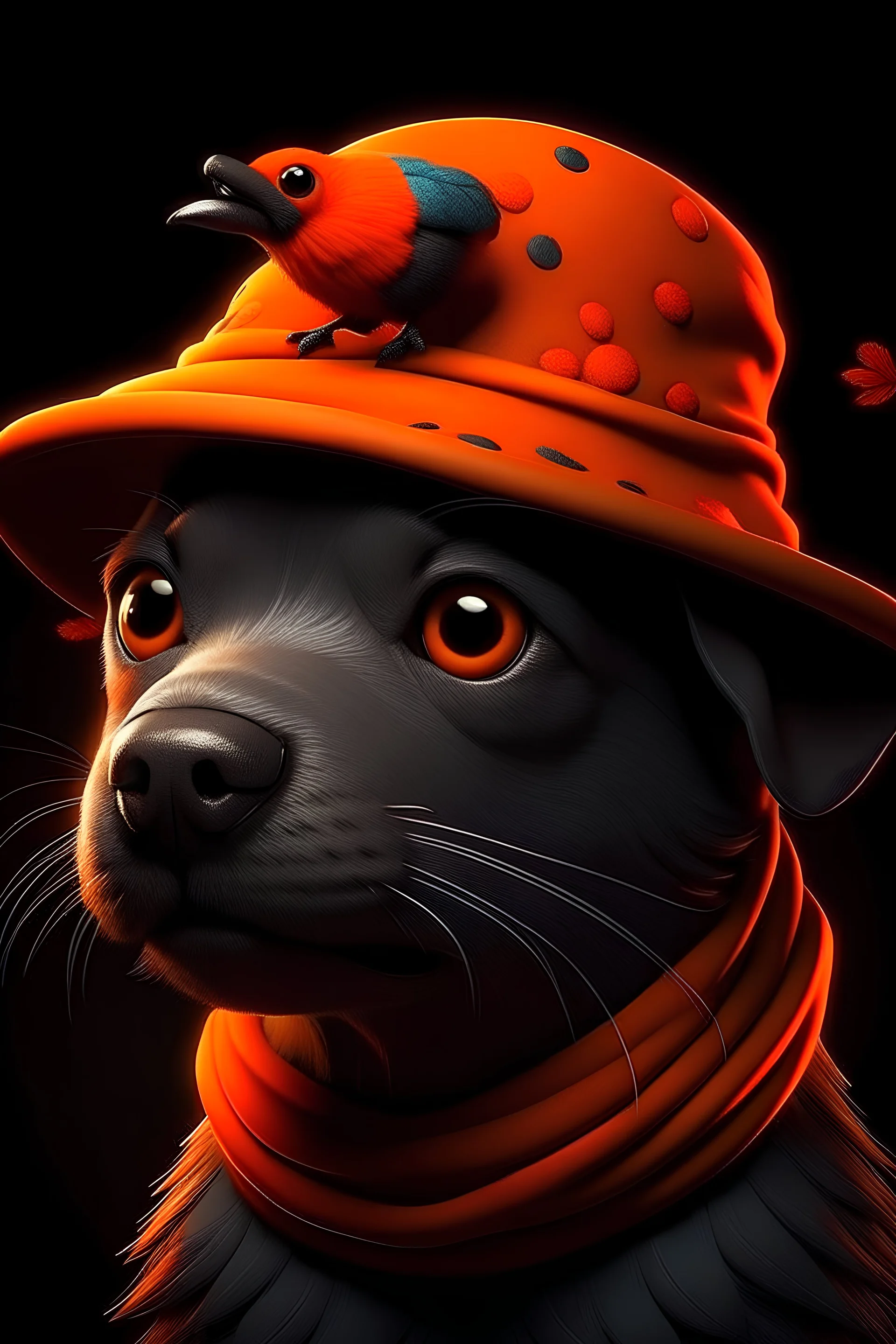 create an image of a bare xoloitzcuintle puppy, wearing gray and orange felt hat, with a little bird of all colors perched on its back, close-up, black filter, ultra detailed and visually rich concept art illustration of cute complex creatures of living molecules of persona 5, bright and enchanting, illuminated fantasy kingdom, (((rule of thirds))) depth of field intricate details, fantastic kingdom, extremely detailed, ultra-sharp focus, light particles, attention to detail, grandeur and aw