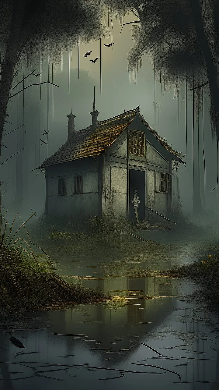 A swamp surrounded by bamboos long trees in cloudy, depressing, foggy, with a dark light at night in the distance , there is an abandoned cottage of an old house covered with leaves. A light inside the house though the window, Bruegel painting style