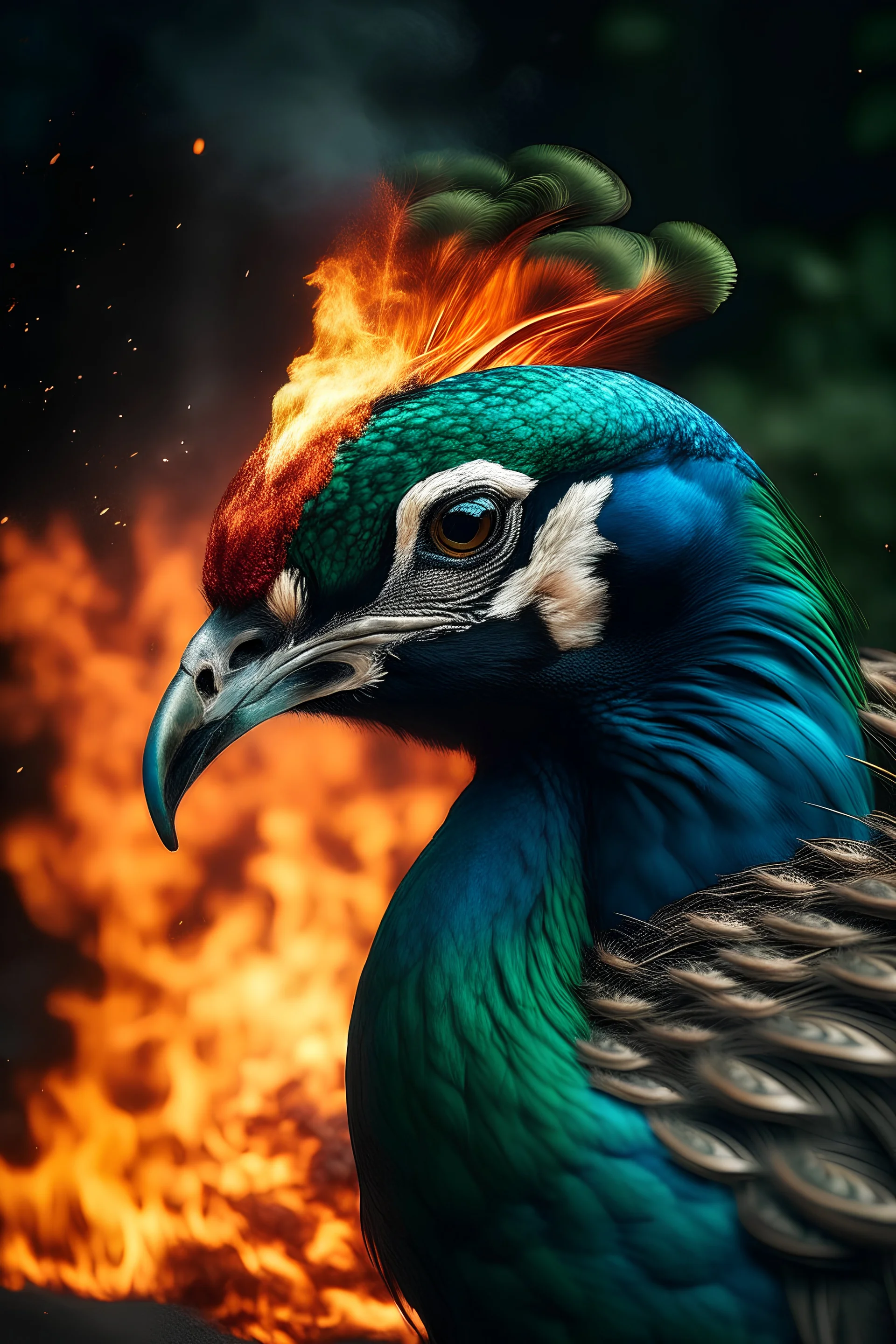 Portrait of violent peacock with flames