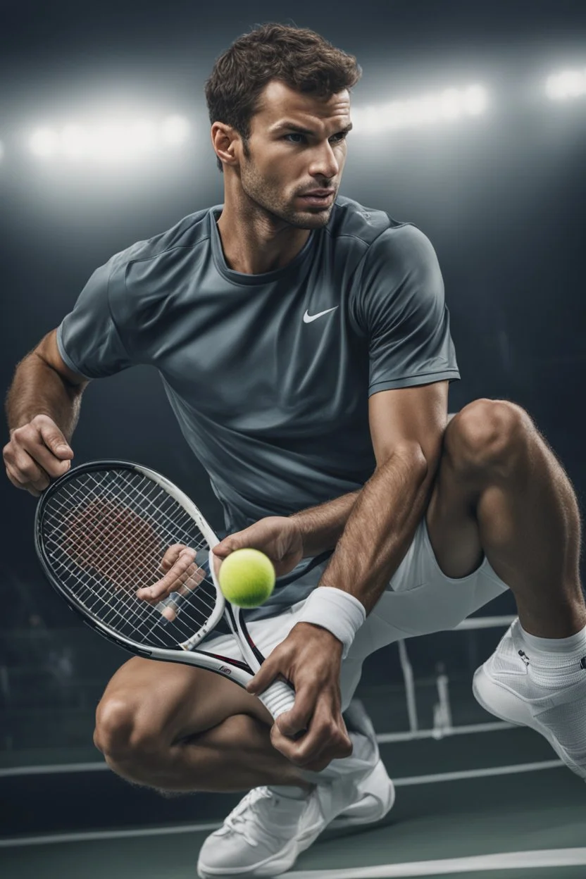 A hyper-realistic, A stylized portrait of Grigor Dimitrov in his signature tennis outfit, ready to take on the court. Photo Real, HOF, full size, practicality,manufacturability,performance, (((realism, realistic, realphoto, photography, portrait, , realistic, beautiful, elegant, charming, apocalyptic environment, professional photographer, captured with professional DSLR camera,trending on Artstation, 64k, ultra detailed, ultra accurate detailed, bokeh lighting, surrealism, Thomas Kinkade backgr