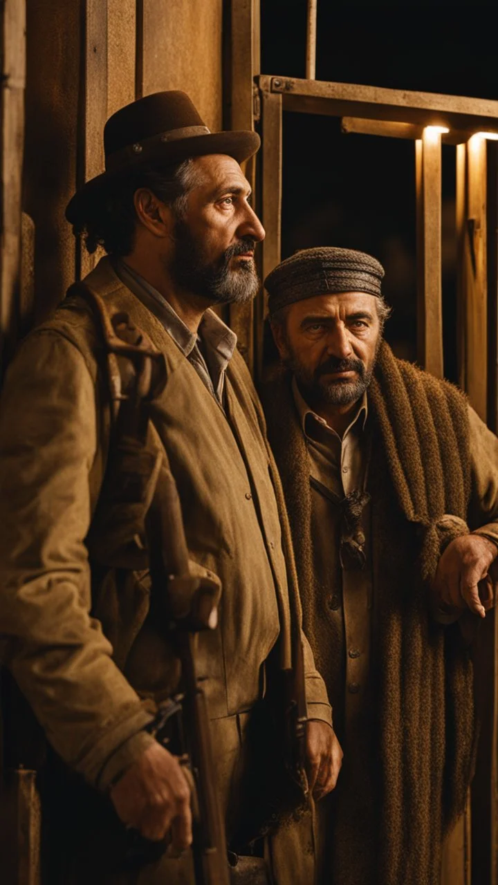 close-up photo, two modern turkish nightwatchmen, 45 years old, stocky, unshaved, at night, talking each other inside a guardhouse top-lit along the fence of a building, photorealistic, photographic, 32k