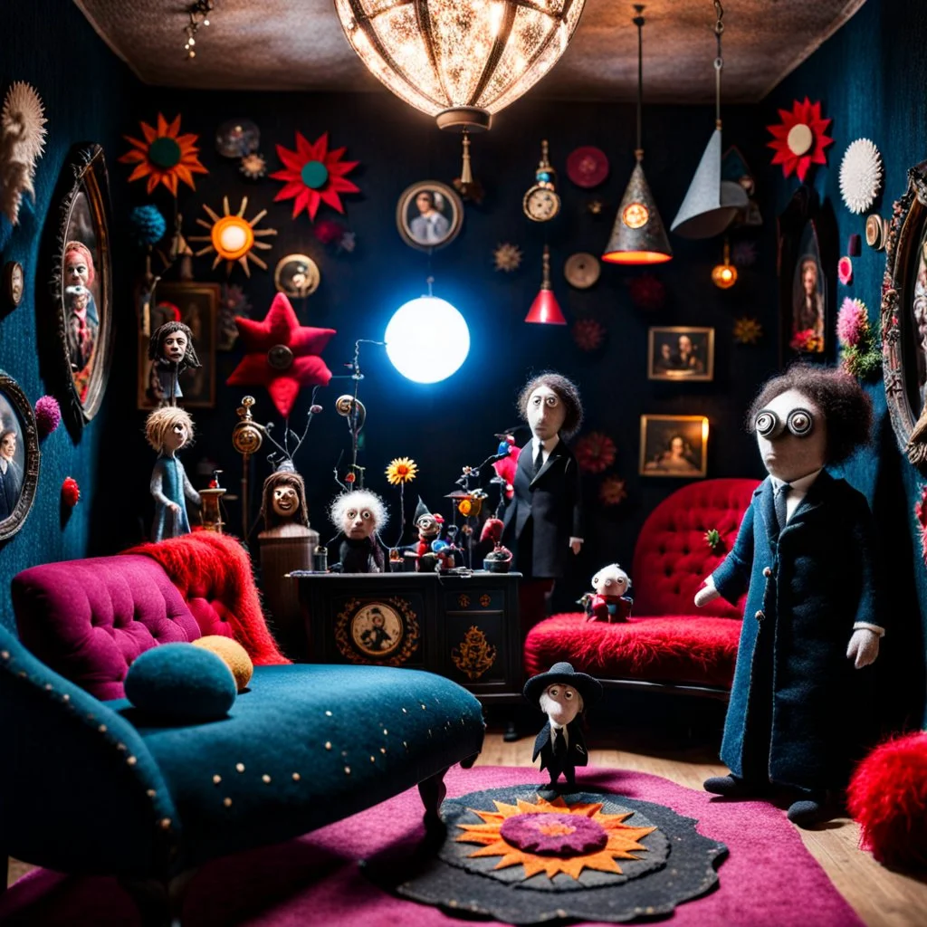 Detailed people, creepy living-room made of felt, naïve, vintage toys, sun, vsuuy, puppets, volumetric light, flowers, naïve, Tim Burton, strong texture, orero dream, extreme detail, Max Ernst, decal, rich moody colors, sparkles, Harry Potter