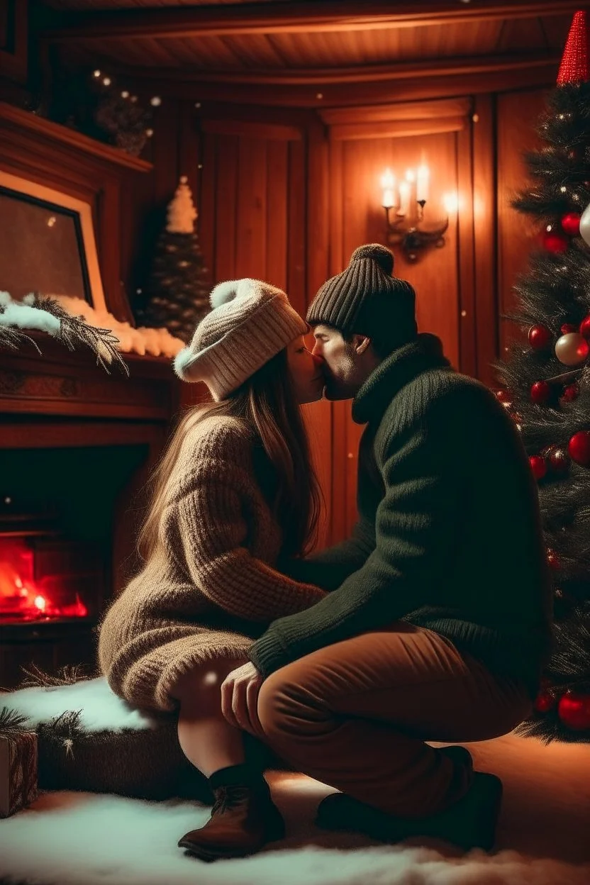 Cozy Christmas scene couple kissing