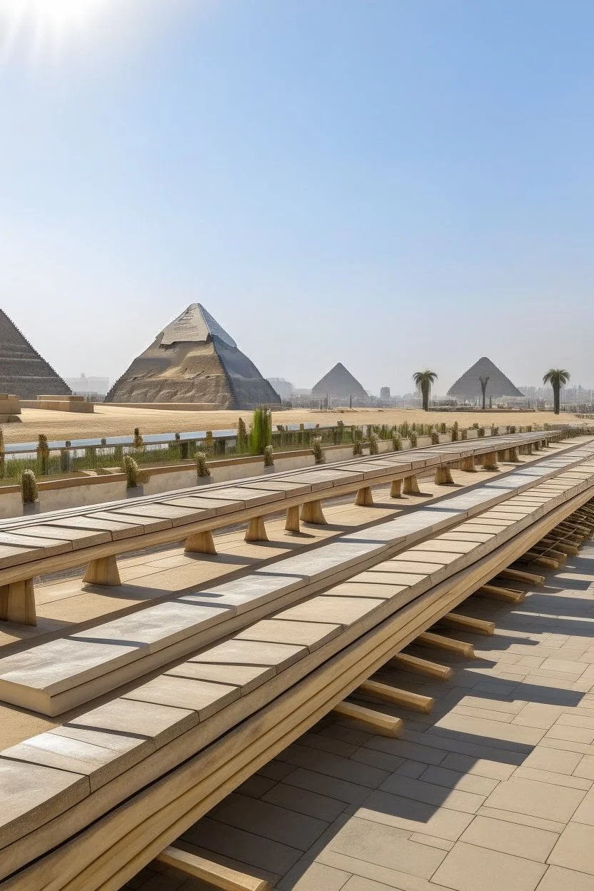 A tourist walkway in Egypt overlooking the pyramids and has modern seating places